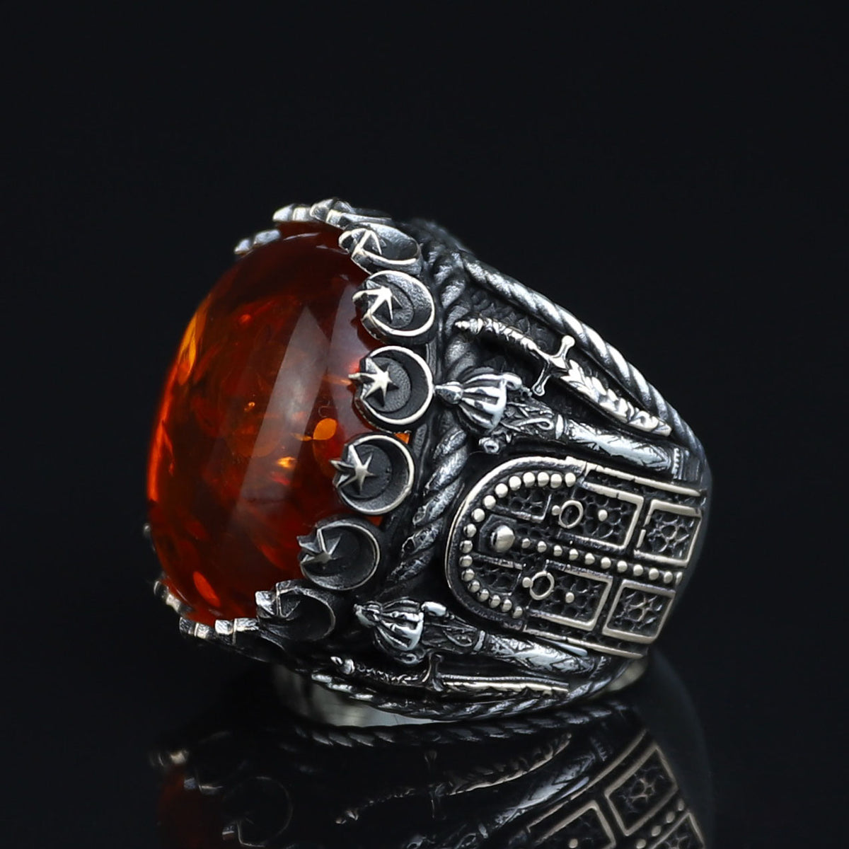 925 Silver Baltic Amber Ring, Man Large Amber Stone Ring, Genuine Amber Ring, Turkish Silver Ring