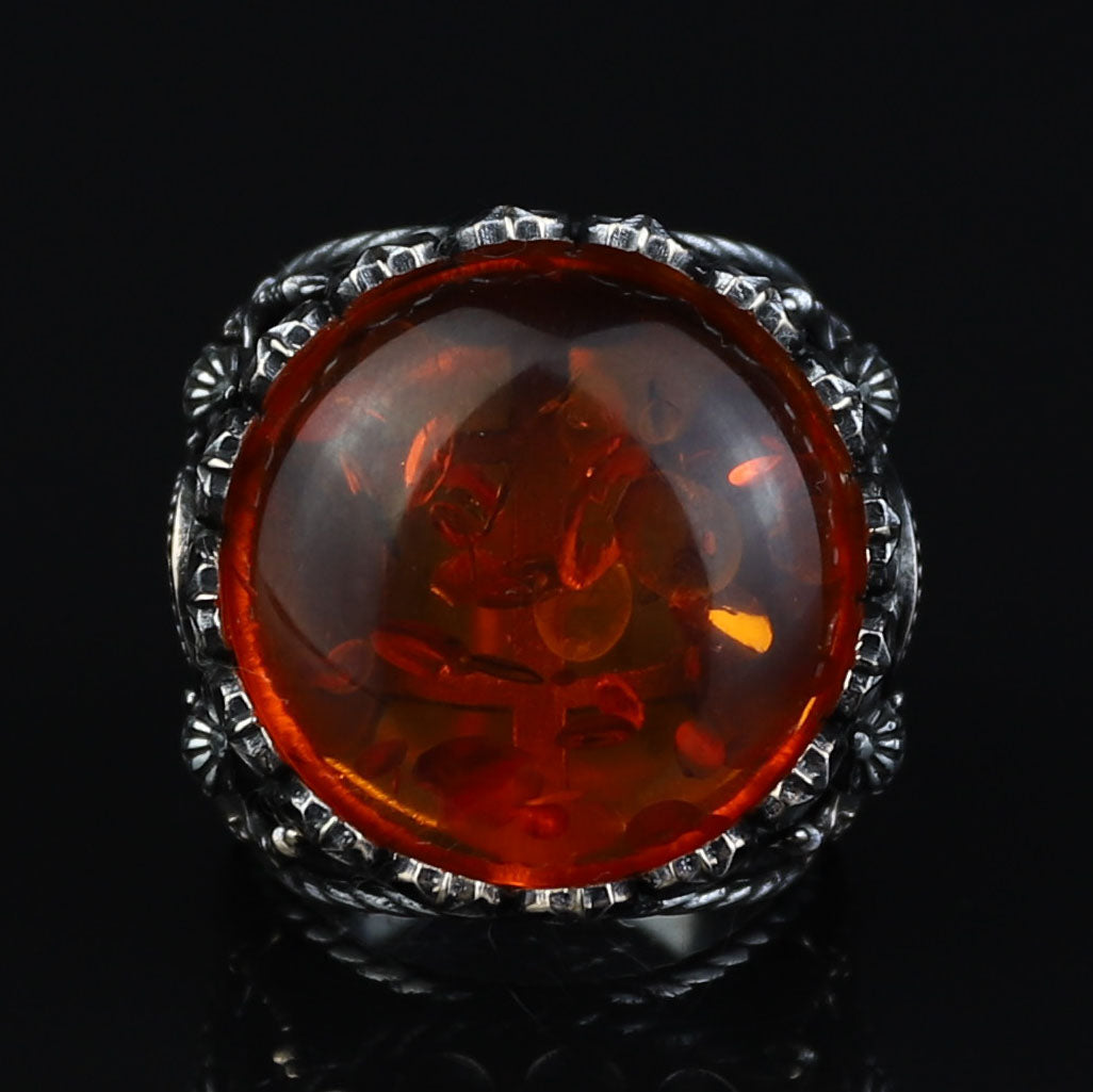 925 Silver Baltic Amber Ring, Man Large Amber Stone Ring, Genuine Amber Ring, Turkish Silver Ring