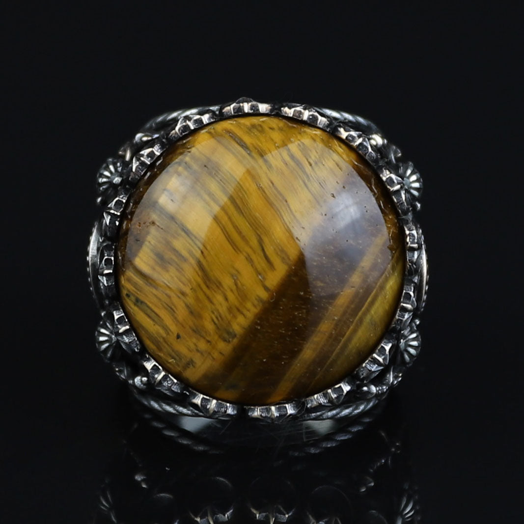 Tiger Eye Ring , Large Turkish Handmade Ring , Round Ottoman Mens Ring, Man Large Ring ,Signet Gemstone Ring