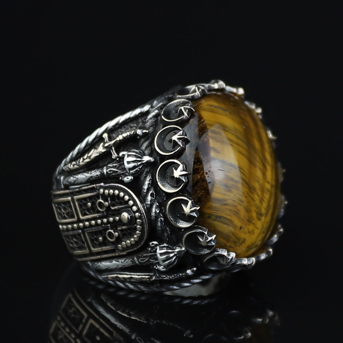 Tiger Eye Ring , Large Turkish Handmade Ring , Round Ottoman Mens Ring, Man Large Ring ,Signet Gemstone Ring