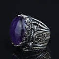 Men Silver Amethyst Ring, Sword Engraved Amethyst Ring, Round Turkish Handmade Silver Men Ring
