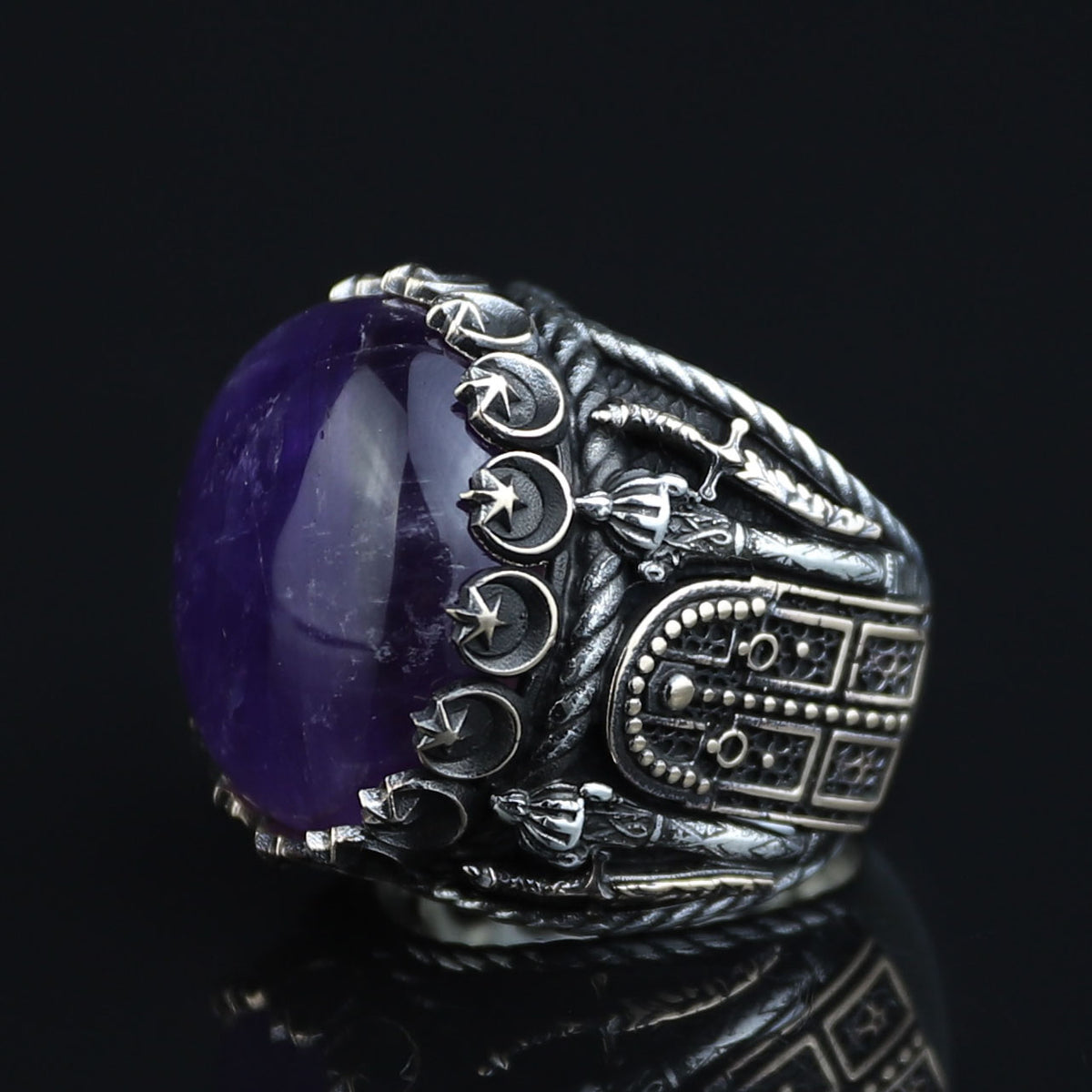 Men Silver Amethyst Ring, Sword Engraved Amethyst Ring, Round Turkish Handmade Silver Men Ring