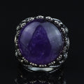 Men Silver Amethyst Ring, Sword Engraved Amethyst Ring, Round Turkish Handmade Silver Men Ring