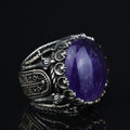 Men Silver Amethyst Ring, Sword Engraved Amethyst Ring, Round Turkish Handmade Silver Men Ring