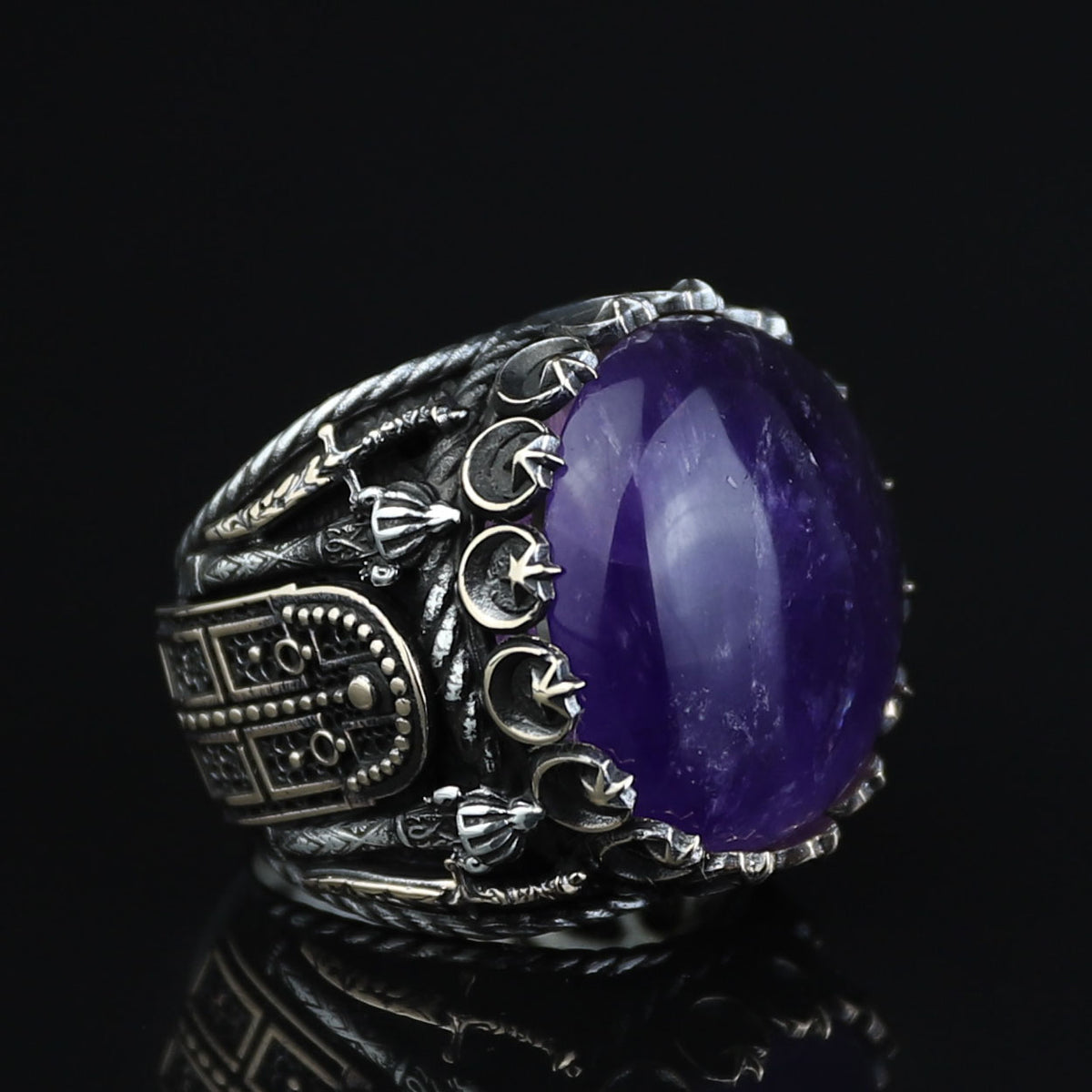 Men Silver Amethyst Ring, Sword Engraved Amethyst Ring, Round Turkish Handmade Silver Men Ring