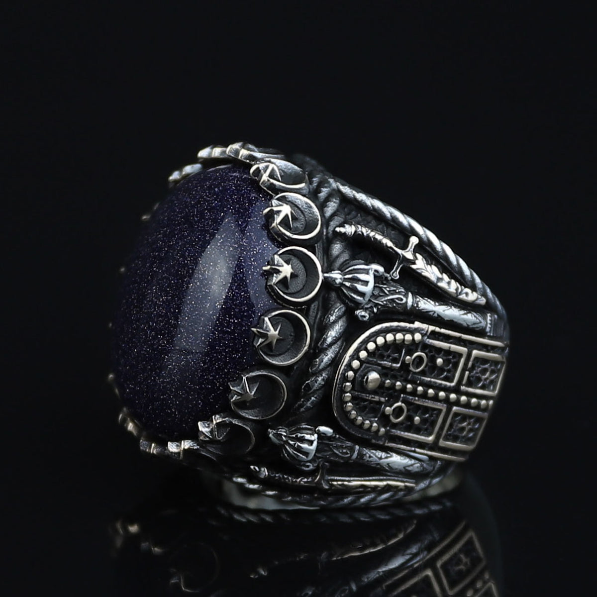 Man Natural Star Stone Ring, Sword Figured 925k Sterling Silver Handmade Ring, Turkish Handmade Ring