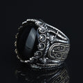 Men Silver Large Black Onyx Ring , Round Unique Mens Handmade Big Ring, Sword Men Sterling Silver Ring