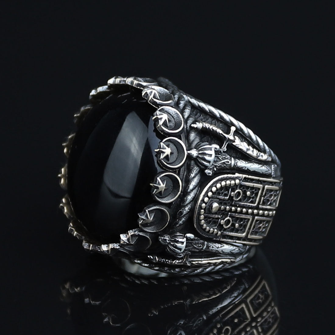 Men Silver Large Black Onyx Ring , Round Unique Mens Handmade Big Ring, Sword Men Sterling Silver Ring