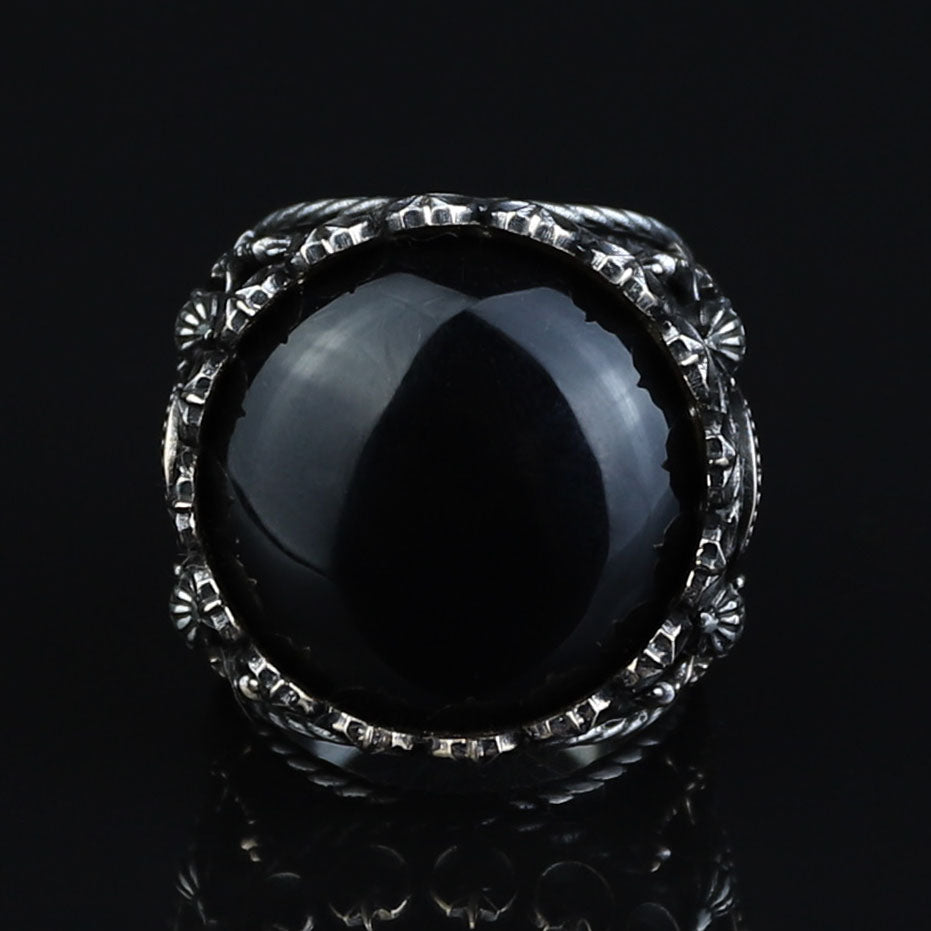 Men Silver Large Black Onyx Ring , Round Unique Mens Handmade Big Ring, Sword Men Sterling Silver Ring