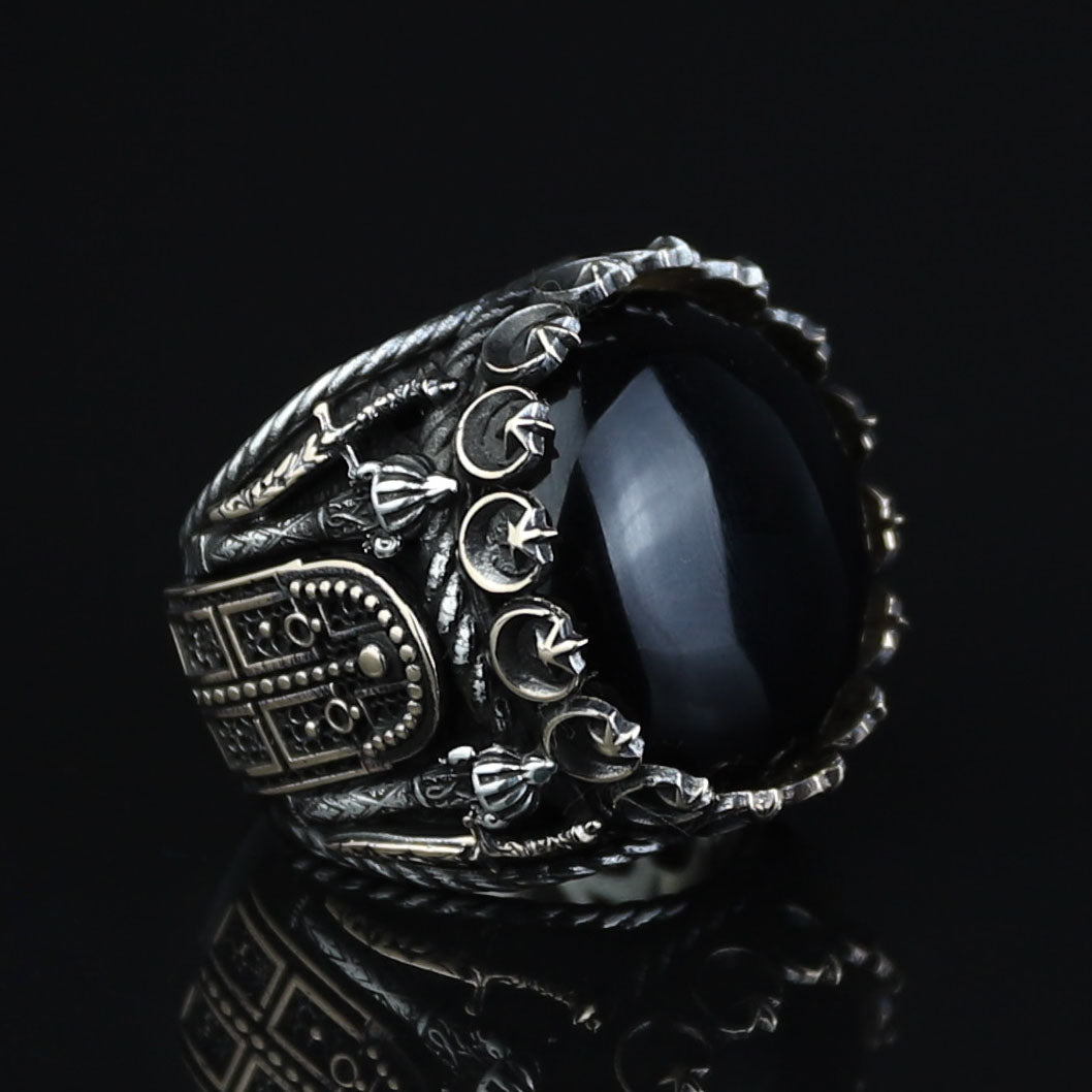 Men Silver Large Black Onyx Ring , Round Unique Mens Handmade Big Ring, Sword Men Sterling Silver Ring