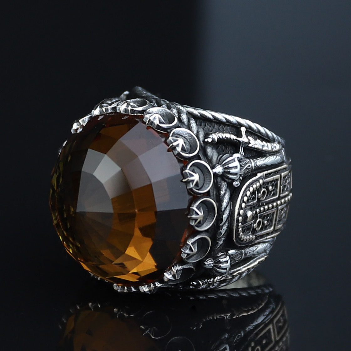 Silver Large Sultanite Stone Ring, Silver Sword Signet Style Ring, Man Handmade Silver Ring