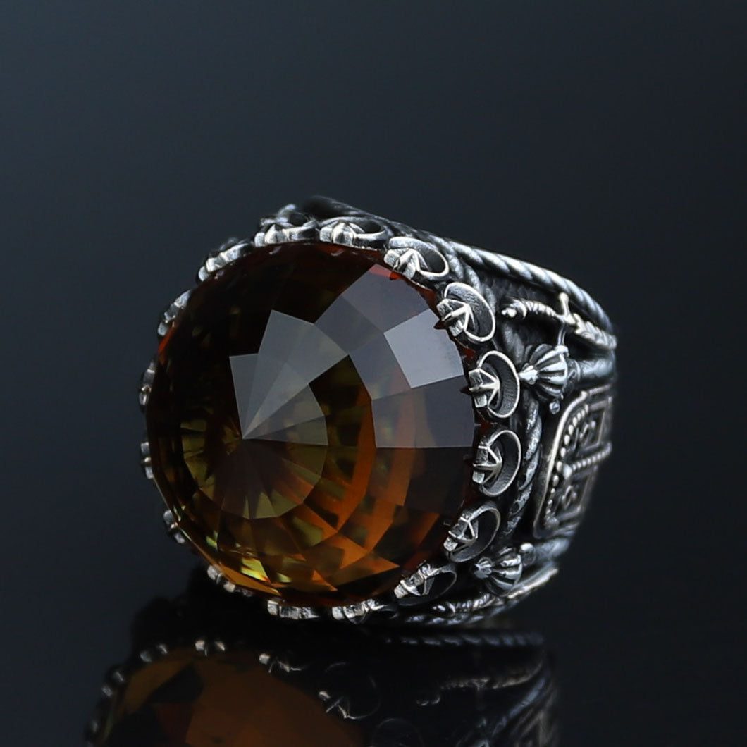 Silver Large Sultanite Stone Ring, Silver Sword Signet Style Ring, Man Handmade Silver Ring
