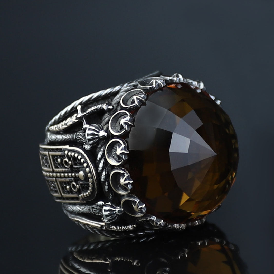 Silver Large Sultanite Stone Ring, Silver Sword Signet Style Ring, Man Handmade Silver Ring