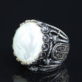 Mens Mother of Pearl Ring , Round Large Silver Ring , Sword Figured Silver Pearl Ring, 925K Sterling Silver