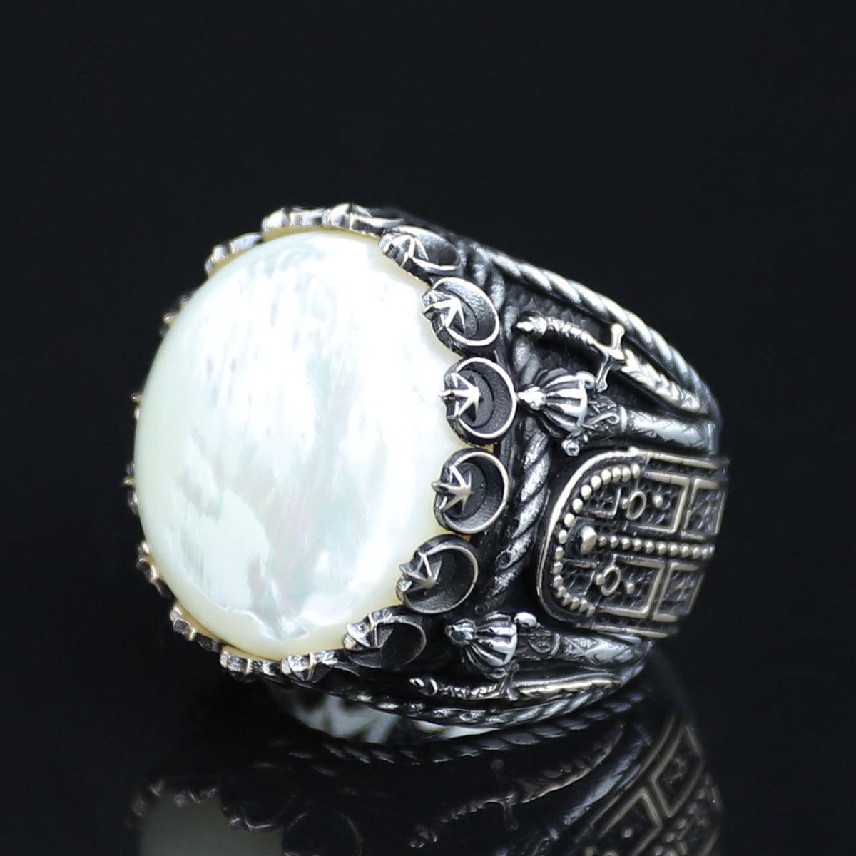 Mens Mother of Pearl Ring , Round Large Silver Ring , Sword Figured Silver Pearl Ring, 925K Sterling Silver