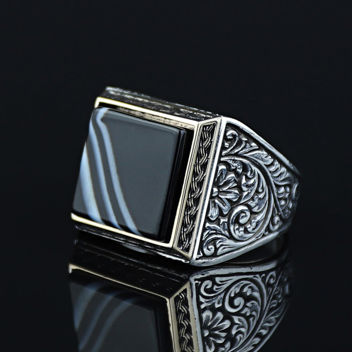 Men Handmade Solid Silver Square Black Onyx Gemstone Ring