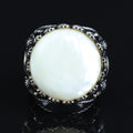 Mens Mother of Pearl Ring , Round Large Silver Ring , Sword Figured Silver Pearl Ring, 925K Sterling Silver