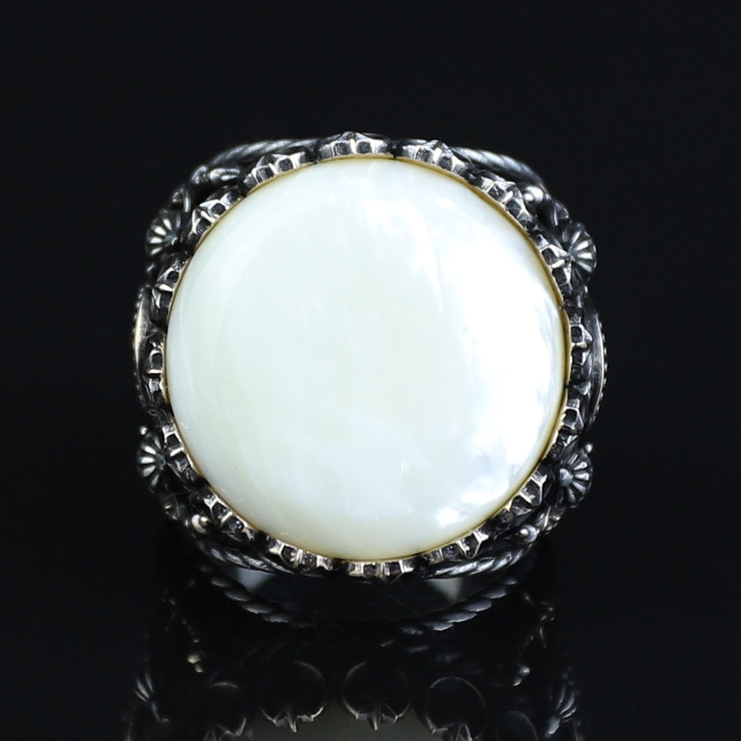 Mens Mother of Pearl Ring , Round Large Silver Ring , Sword Figured Silver Pearl Ring, 925K Sterling Silver