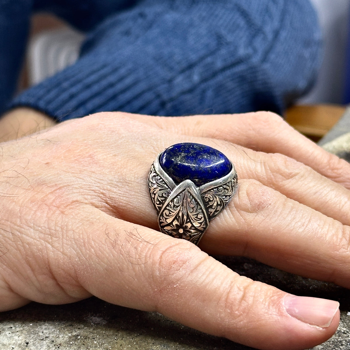 Silver Handmade Engraved Natural Blue Lapis Lazuli Ring