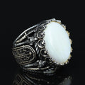 Mens Mother of Pearl Ring , Round Large Silver Ring , Sword Figured Silver Pearl Ring, 925K Sterling Silver