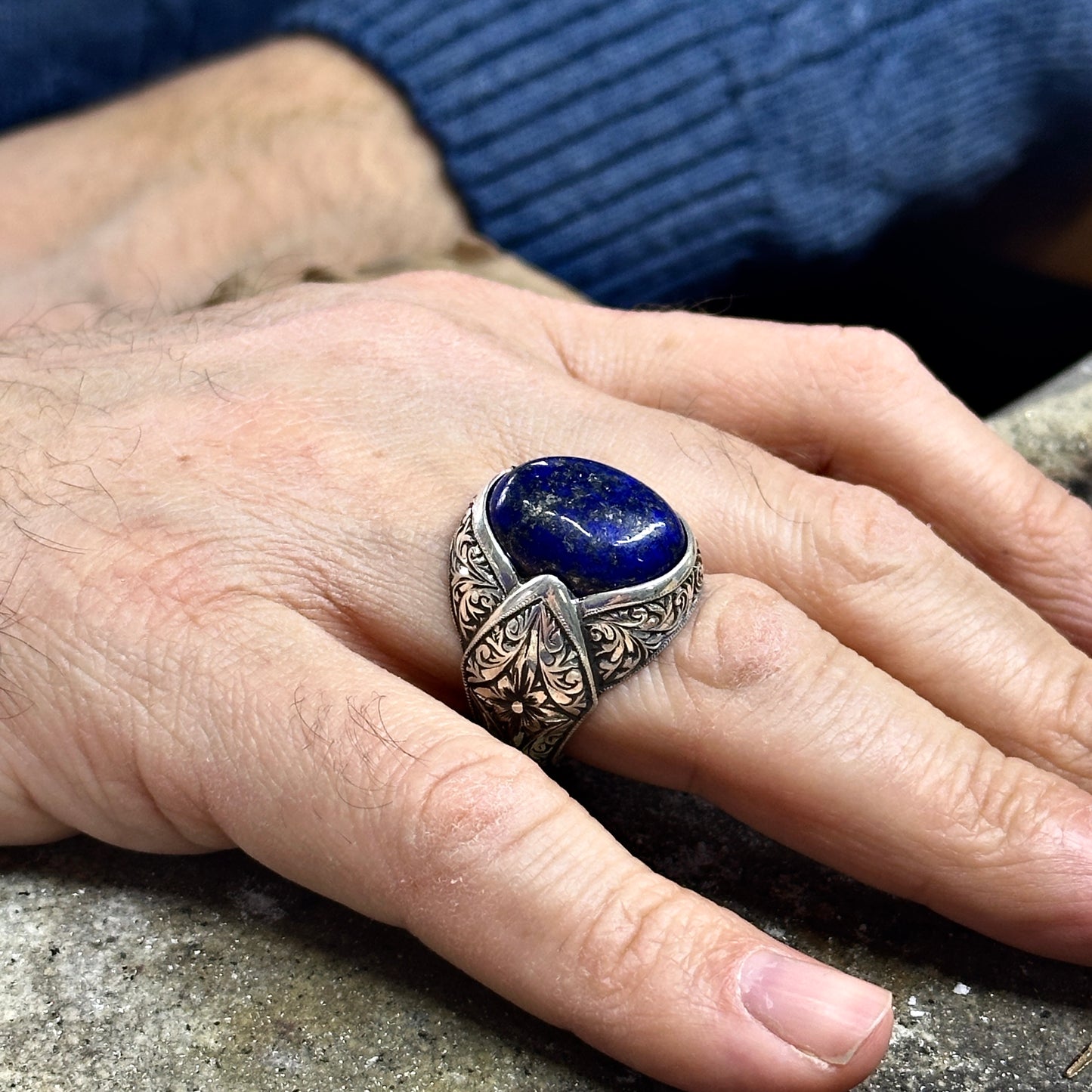 Silver Handmade Engraved Natural Blue Lapis Lazuli Ring