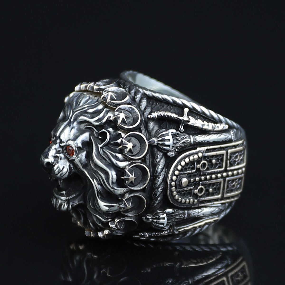 Silver Leon Head Ring, Ruby Eyes Leon Ring, Sword Figued Wild Lion Ring, Handmade Leon Animal Ring, Father Day Gift