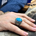 Silver Handmade Natural Turquoise Stone Engraved Ring