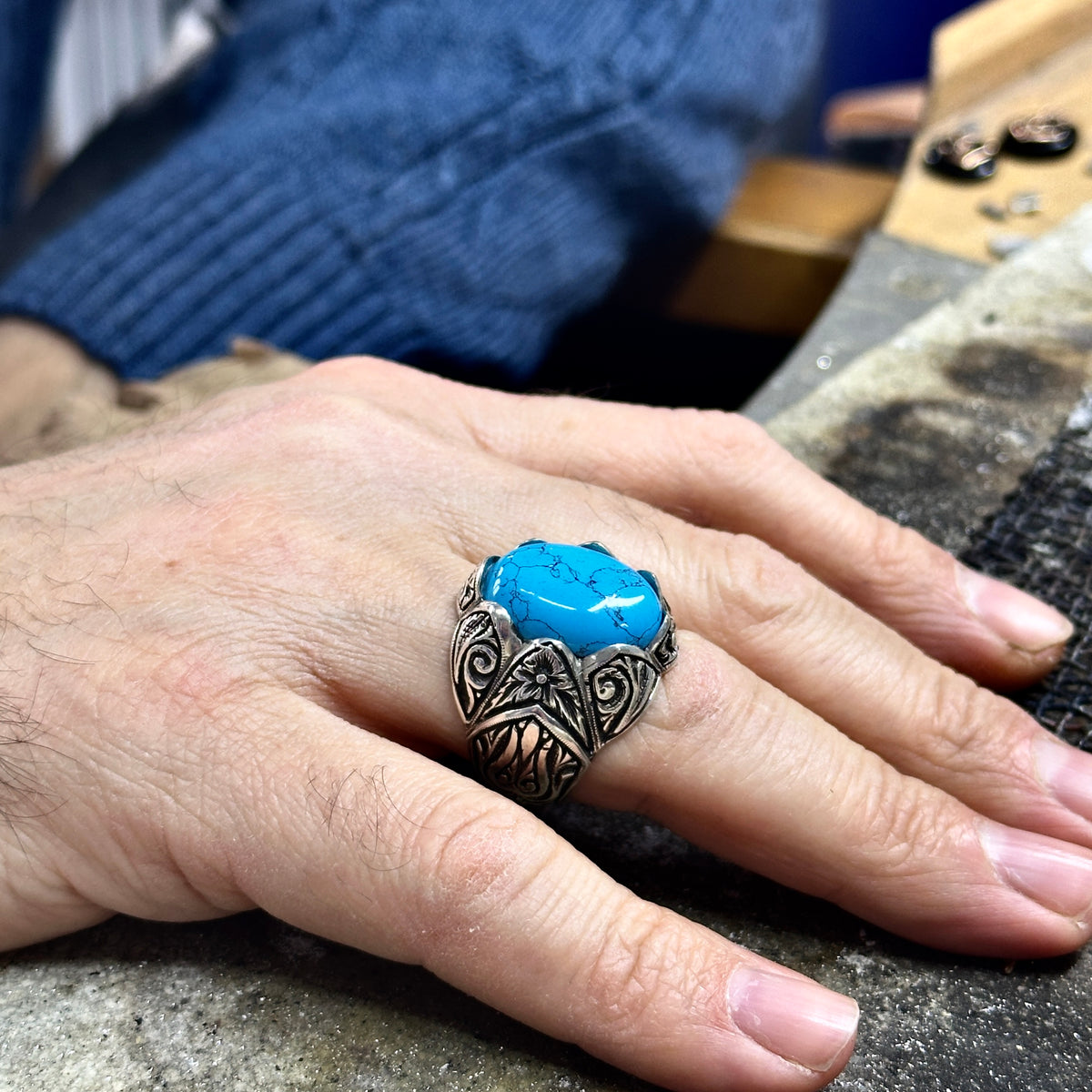 Silver Handmade Natural Turquoise Stone Engraved Ring