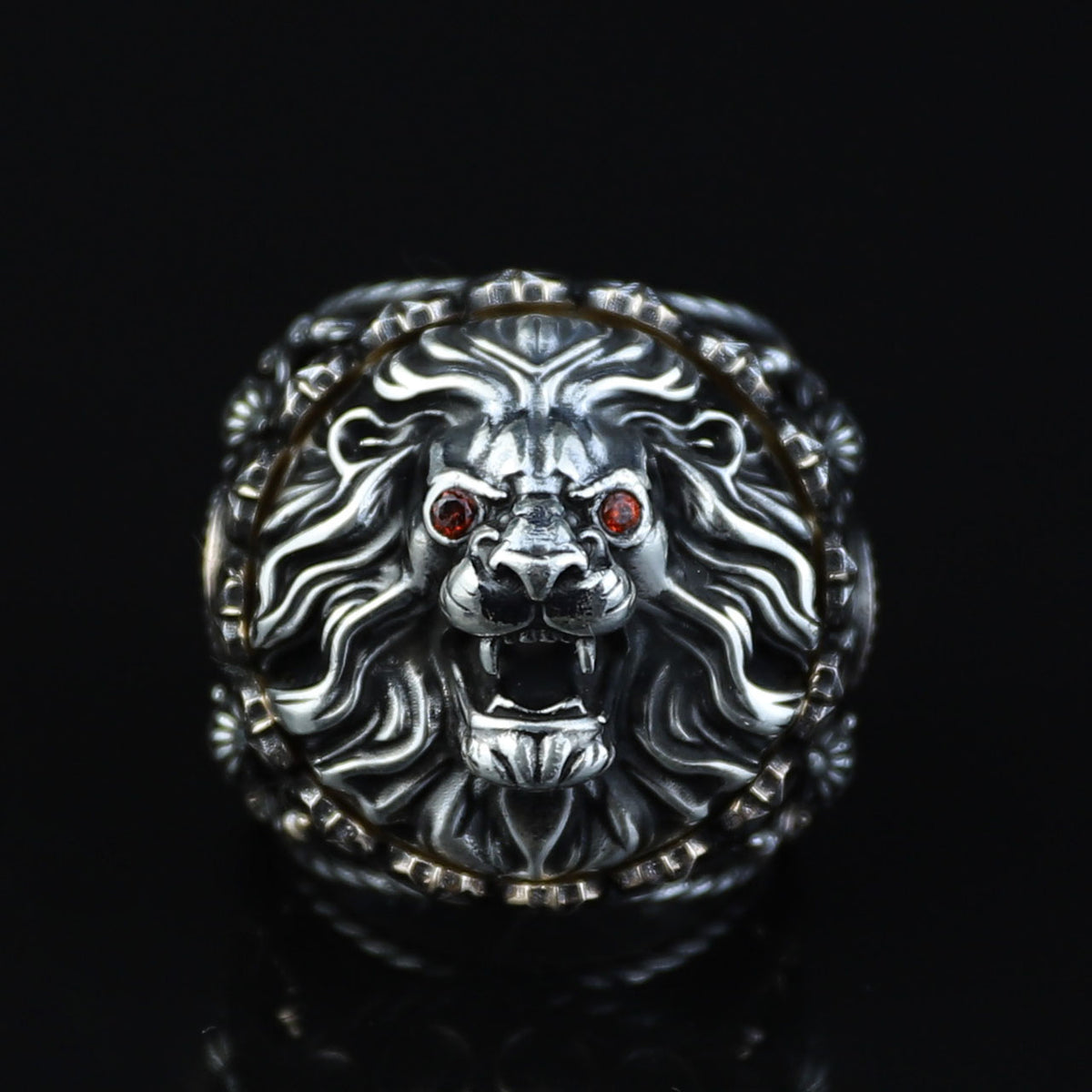 Silver Leon Head Ring, Ruby Eyes Leon Ring, Sword Figued Wild Lion Ring, Handmade Leon Animal Ring, Father Day Gift