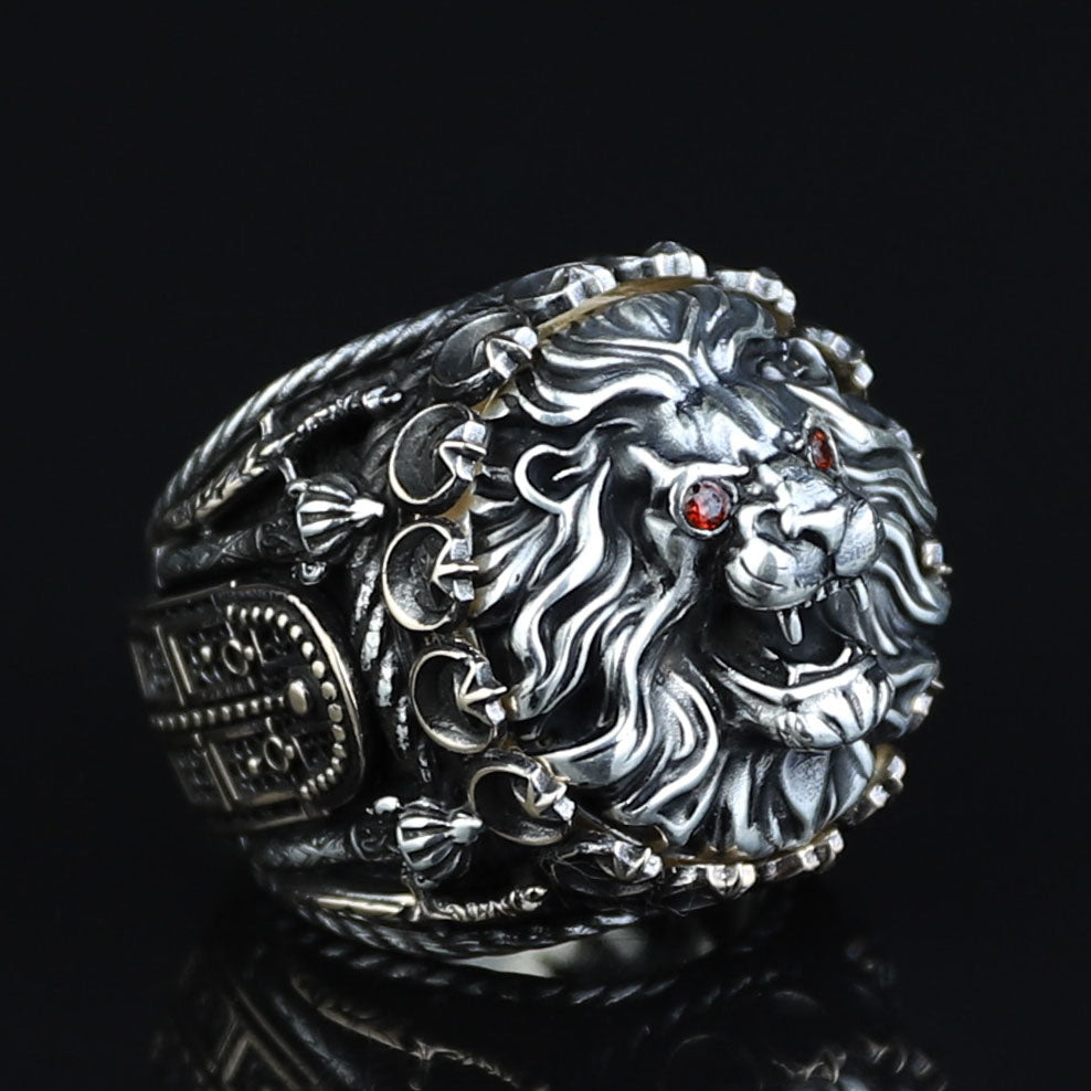 Silver Leon Head Ring, Ruby Eyes Leon Ring, Sword Figued Wild Lion Ring, Handmade Leon Animal Ring, Father Day Gift