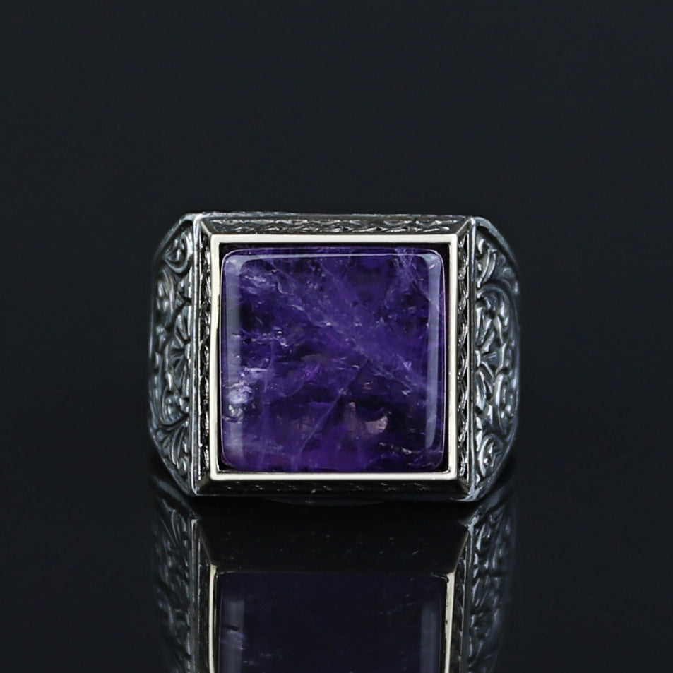 Men Handmade Natural Square Amethyst Gemstone Ring