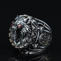 925 Silver Ruby Eyes Wolf Head Ring, Sword Signet Men Ring, Engraved Large Handmade Ring