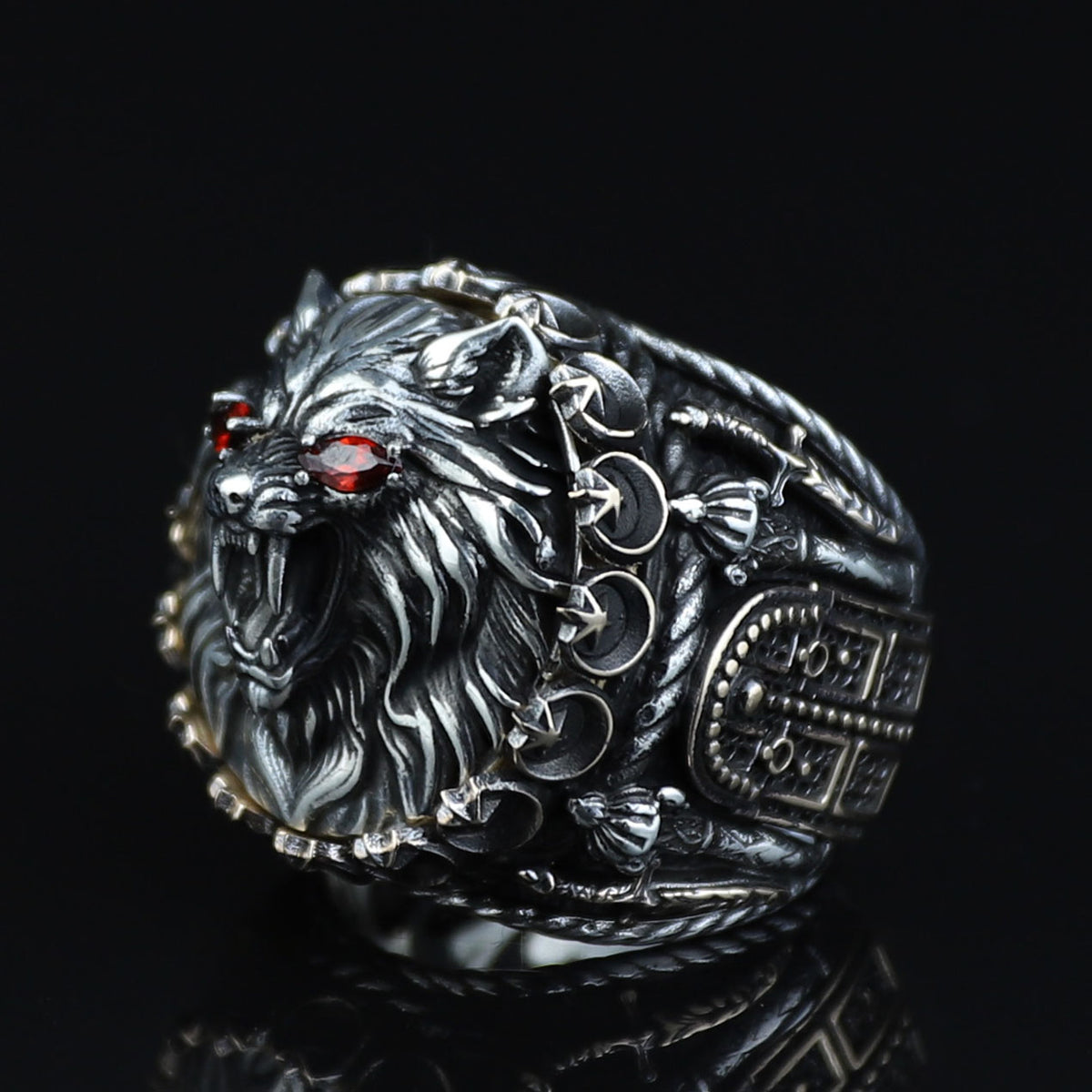 925 Silver Ruby Eyes Wolf Head Ring, Sword Signet Men Ring, Engraved Large Handmade Ring