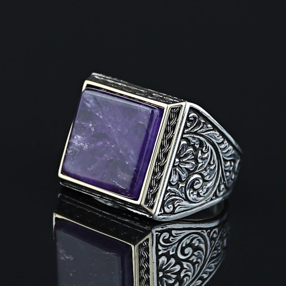 Men Handmade Natural Square Amethyst Gemstone Ring