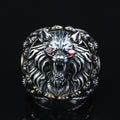 925 Silver Ruby Eyes Wolf Head Ring, Sword Signet Men Ring, Engraved Large Handmade Ring