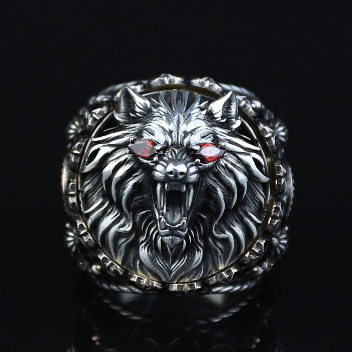 925 Silver Ruby Eyes Wolf Head Ring, Sword Signet Men Ring, Engraved Large Handmade Ring