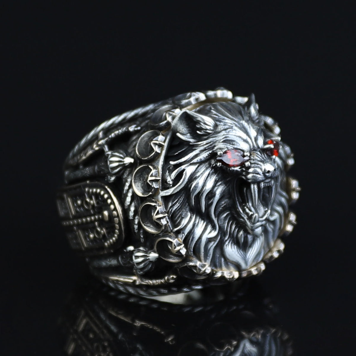 925 Silver Ruby Eyes Wolf Head Ring, Sword Signet Men Ring, Engraved Large Handmade Ring