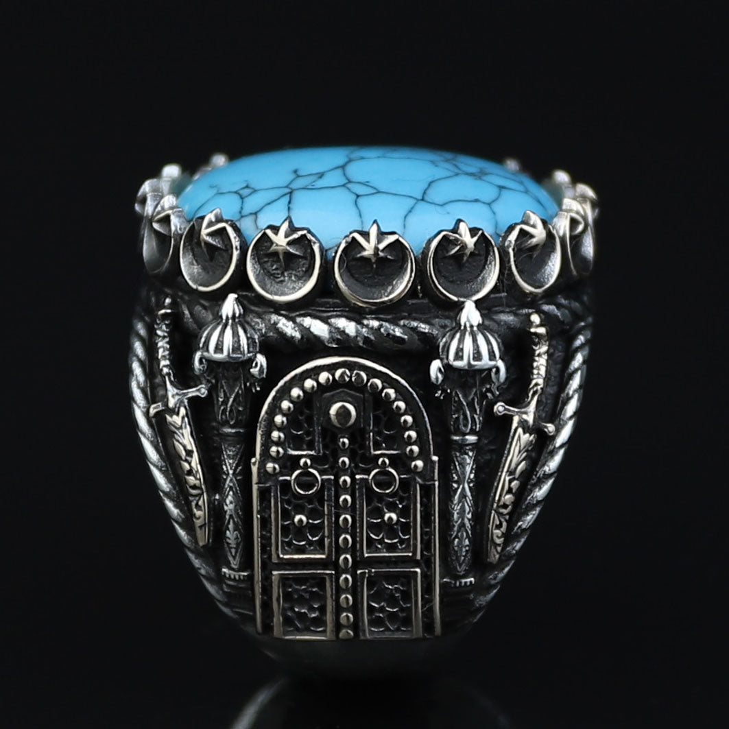 Silver Turquoise Sword Round Ring, Large Turquoise  Signet Turquoise Ring, Turkish Handmade Ring