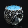 Silver Turquoise Sword Round Ring, Large Turquoise  Signet Turquoise Ring, Turkish Handmade Ring