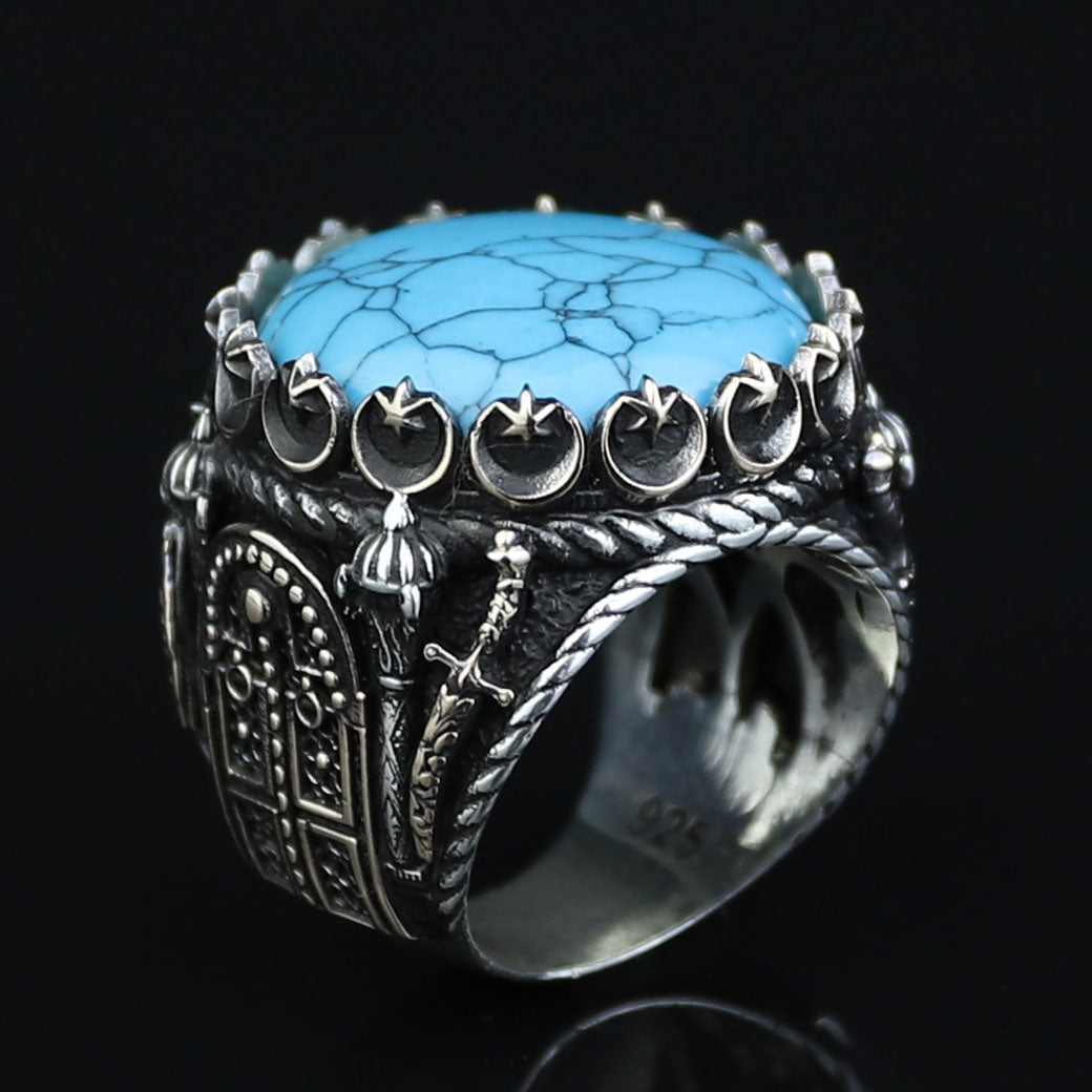 Silver Turquoise Sword Round Ring, Large Turquoise  Signet Turquoise Ring, Turkish Handmade Ring