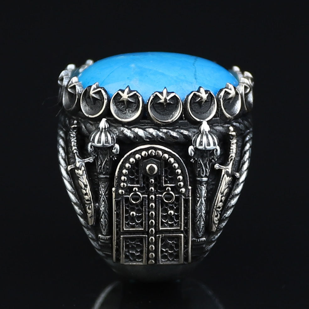 925K Sterling Silver Turquoise Sword Round Ring, Large Turquoise  Signet Turquoise Ring, Turkish Handmade Ring