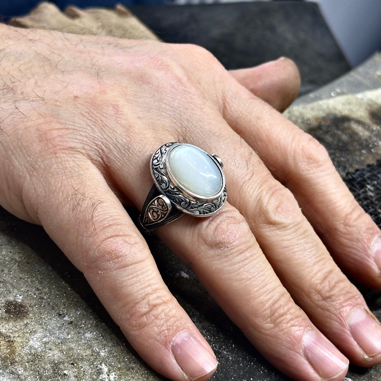 Silver Handmade Natural Moonstone Engraved Ring