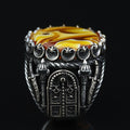 925K Sterling Silver Mens Handmade Ring, Turkish Sword Figured Natural Amber Stone Ring
