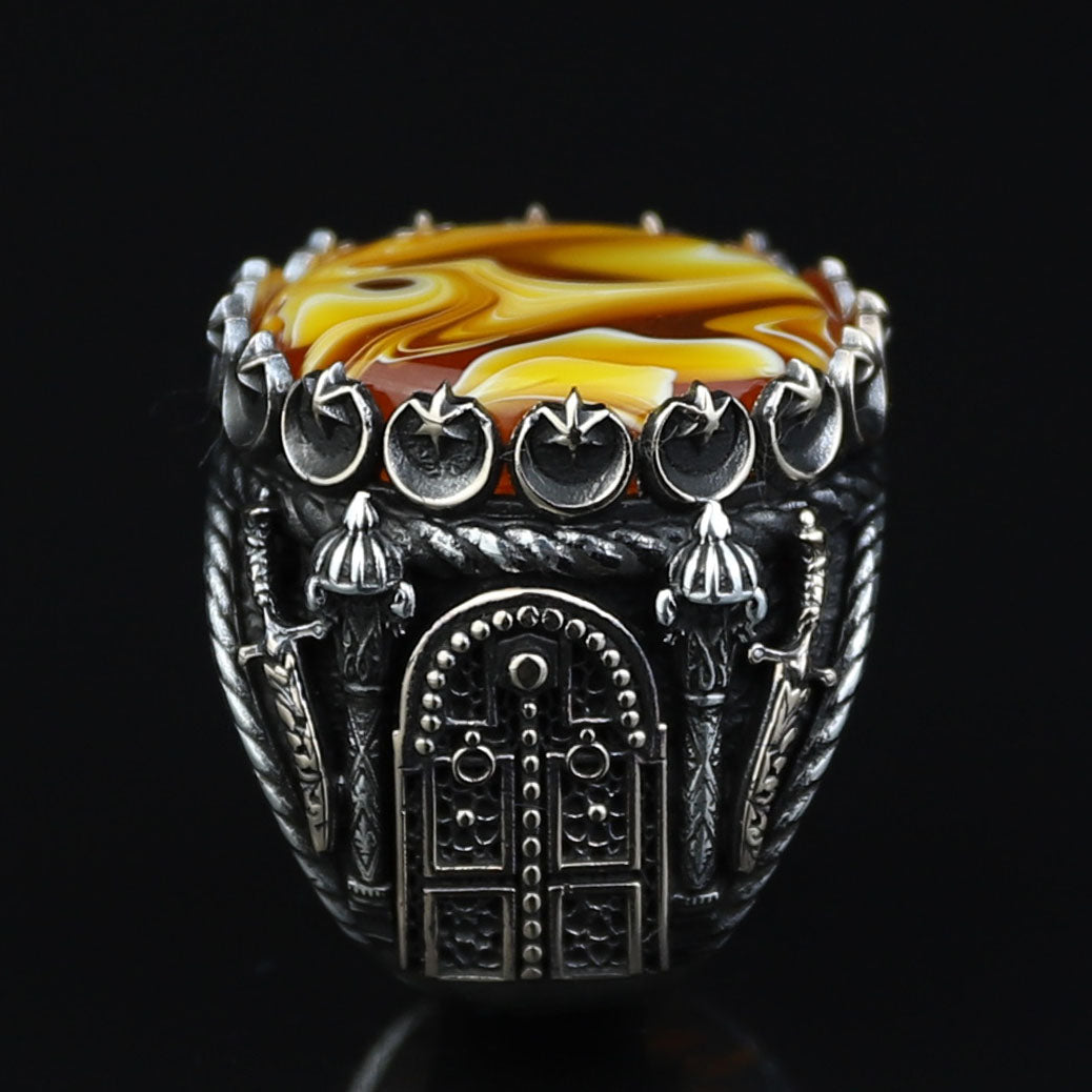 925K Sterling Silver Mens Handmade Ring, Turkish Sword Figured Natural Amber Stone Ring