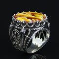925K Sterling Silver Mens Handmade Ring, Turkish Sword Figured Natural Amber Stone Ring