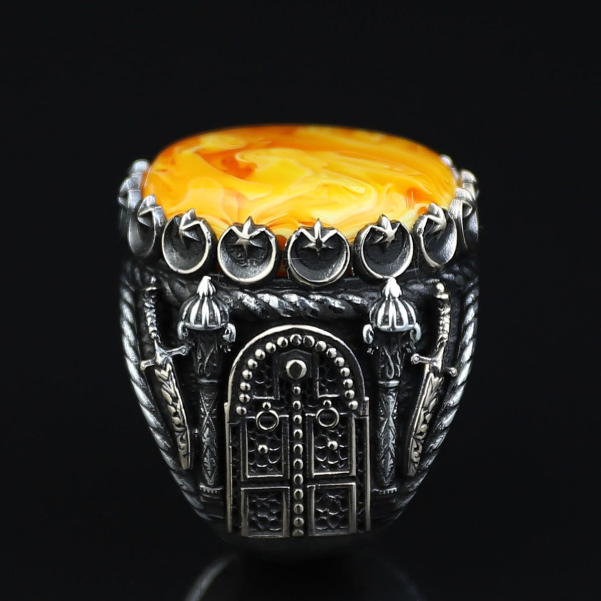 Natural Amber Stone Ring , Sterling Silver Round Large Amber Stone Ring, Ottoman Style Silver Ring