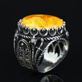 Natural Amber Stone Ring , Sterling Silver Round Large Amber Stone Ring, Ottoman Style Silver Ring