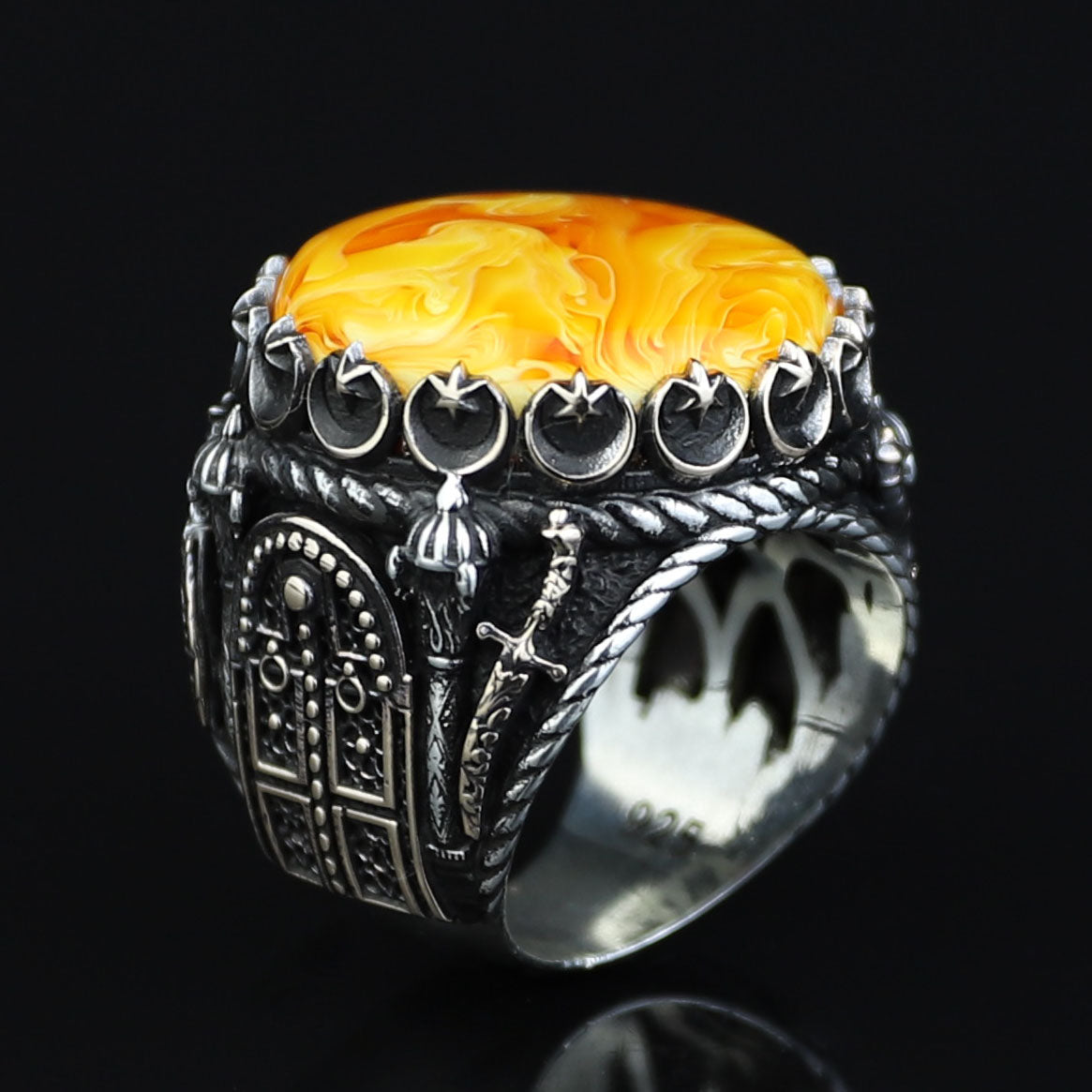 Natural Amber Stone Ring , Sterling Silver Round Large Amber Stone Ring, Ottoman Style Silver Ring
