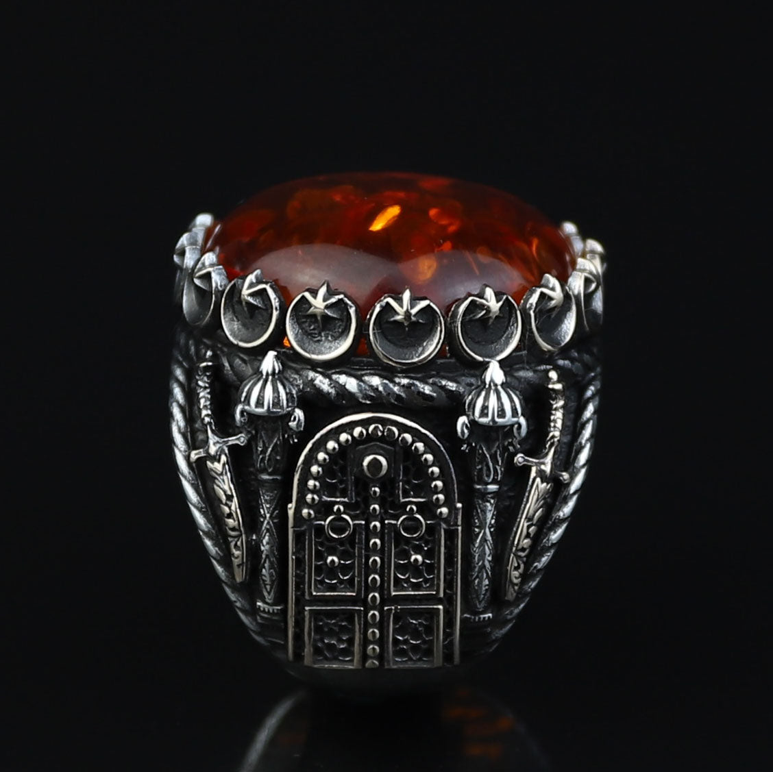 925 Silver Baltic Amber Ring, Man Large Amber Stone Ring, Genuine Amber Ring, Turkish Silver Ring