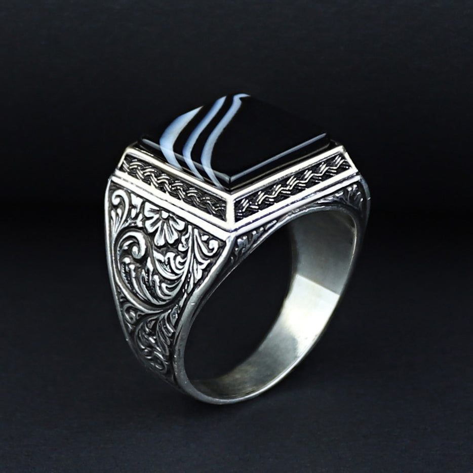 Men Handmade Solid Silver Square Black Onyx Gemstone Ring